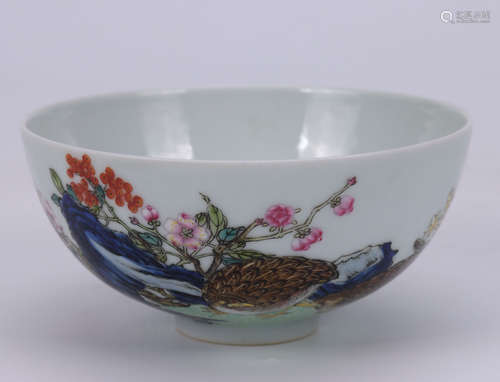 A FAMILLE ROSE BIRDS AND FLOWERS BOWL QING DYNASTY