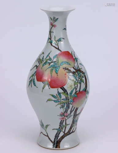 A FAMILLE ROSE LONGEVITY PEACH OLIVE VASE QING DYNASTY YONGZHENG DYNASTY