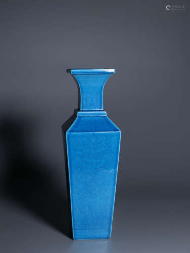 A PEACOCK BLUE GLAZED FOUR SQUARE VASE QING DYNASTY QIANLONG PERIOD