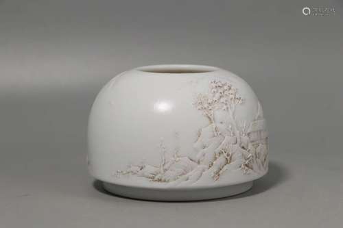 A WHITE GLAZED CARVED LANDSCAPE JAR