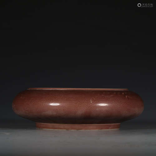 A BROWNISH RED GLAZED CARVED DRADON WATER POT DAQING YONGZHENG NIAN ZHI MARKED