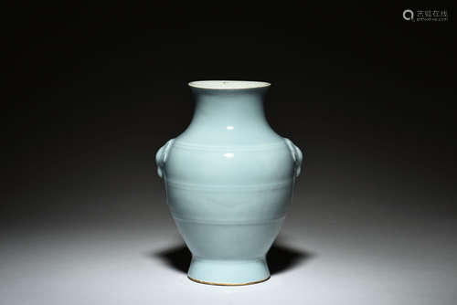 SKY-BLUE MONOCHROME GLAZED VASE WITH RAM HANDLES