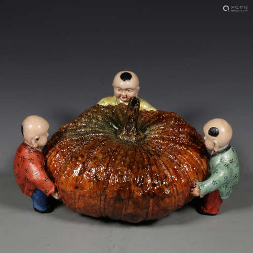 OLD COLLECTION THREE BOYS LIFTING A PUMPKIN PORCELAIN