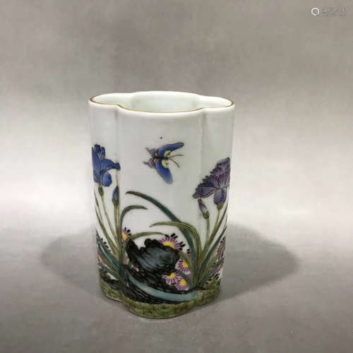 A FAMILLE ROSE BUTTERFLY FLOWERS-SHAPED BRUSH POT QING DYNASTY QIANLONG PERIOD