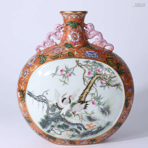 A YANGCAI BIRDS AND FLOWERS HANDLED VASE QING DYNASTY QIANLONG PERIORD