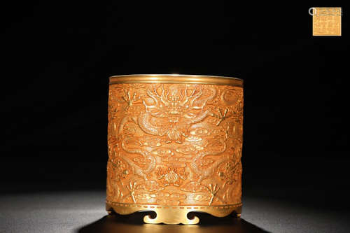 A FINE BRONZE GILT NINE DRAGONS BRUSH POT MING DYNASTY