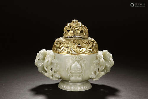 WHITE JADE 'ASPARA' BOWL WITH GILT-BRONZE COVER