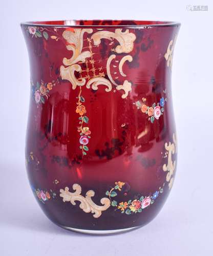 A BOHEMIAN CRANBERRY GLASS BEAKER. 11 cm high.