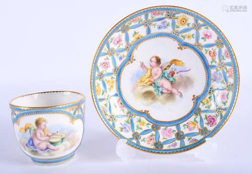 AN 18TH CENTURY SEVRES PORCELAIN CUP AND SAUCER painted