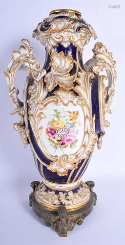 19th c. Coalport rococo revival large blue ground vase