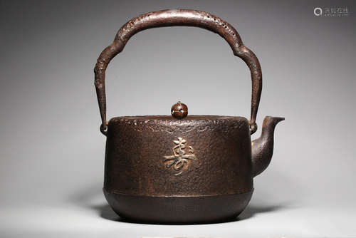 A BRONZE TEA POT INSETTED SILVER ‘SHOU’ MEIJI PERIORD