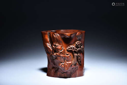 CARVED HUANGYANGMU WOOD BRUSH POT