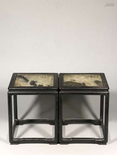 A PAIR OF MARBLE INSET ZITAN FLOWER TABLE