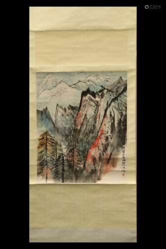 HE HAIXIA: INK AND COLOR ON PAPER PAINTING 'LANDSCAPE SCENERY'