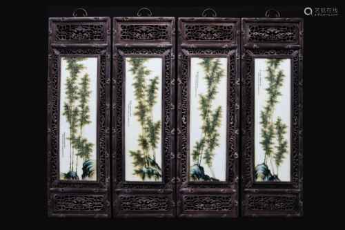 XU ZHONGNAN: SET OF FOUR FAMILLE ROSE PORCELAIN 'BAMBOO' HANGING PLAQUES