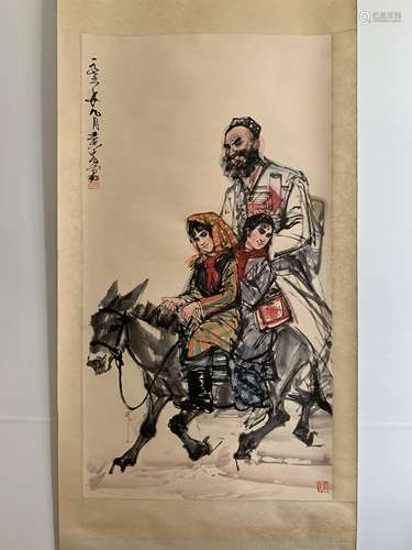 HUANG ZHOU FATHER AND CHILDREN RIDING A HORSE