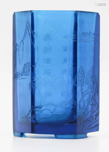 A CHINESE BLUE HEXAGONAL GLASS BRU…