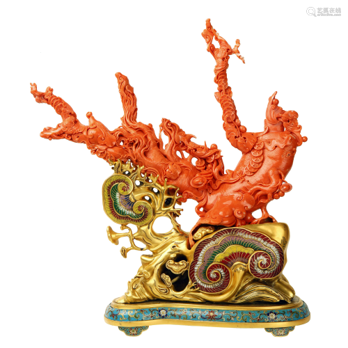 LARGE RED CORAL ON CLOISONNE STAND