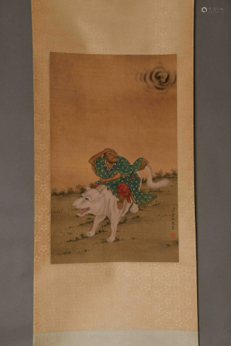 A CHINESE ARHAT PAINTING SILK SCROLL, SI…