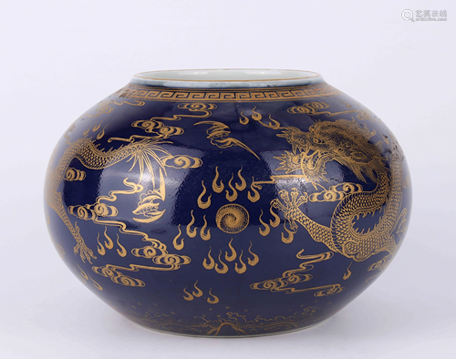 A CHINESE BLUE GLAZE GILDED DARGON …