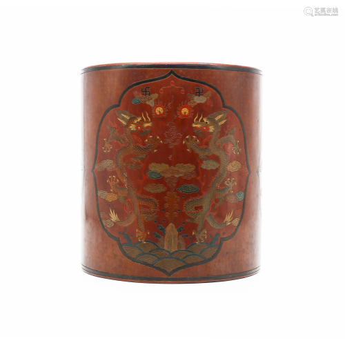 A CHINESE RED LACQUERED BRUSH POT