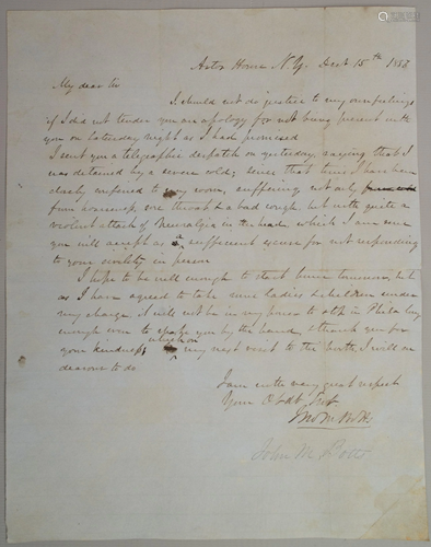 John M. Botts signed letter, Astor House New Yo…