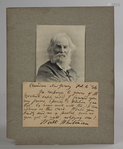 Walt Whitman signed note on postcard, …