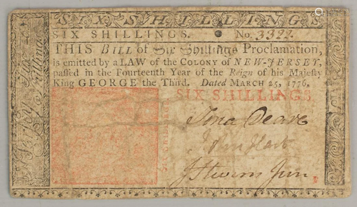 New Jersey Six Shillings Colonial Currency…