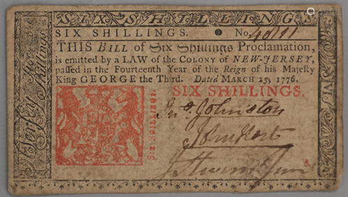 New Jersey Six Shillings Colonial Currency…