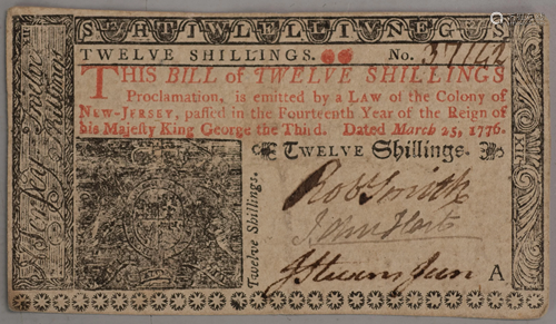 New Jersey Twelve Shillings Colonial Currency…