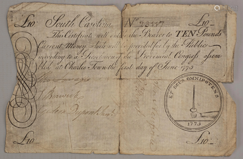 Colonial Currency, SC June 1775 £10 Ten Po…