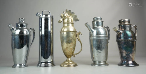 (5) Silver Plate & Chrome Cocktail Shakers