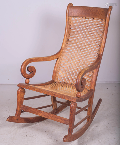 Tiger maple caned rocking chair