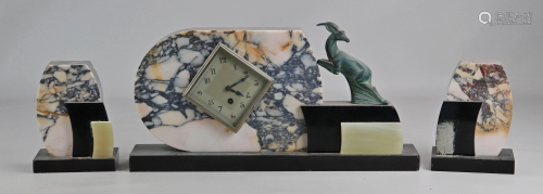 3 pc French Art Deco marble figural clock set, …