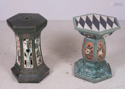 (2) Terracotta glazed pedestals with floral deco…