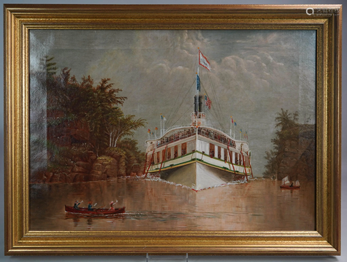 19th C American Painting of a Steamboat