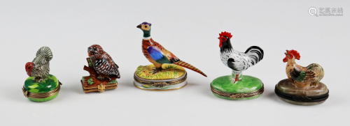(5) Bird Decorated Porcelain Trinket Boxes