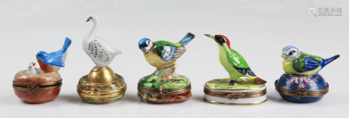(5) Bird Decorated Porcelain Trinket Boxes