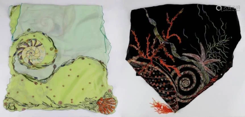 (2) Flying Fig Sea Life Themed Silk Scarves