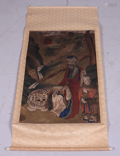 Korean Scroll, Man with Boy & Cat