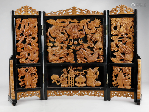 Chinese Carved Wood 3-Panel Screen