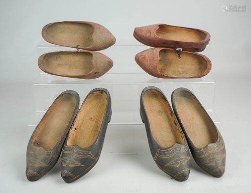 (4) PR Folk Art Hand Carved Shoes