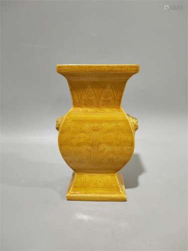 A Chinese Carved Yellow Glaze Porcelain Square Vase