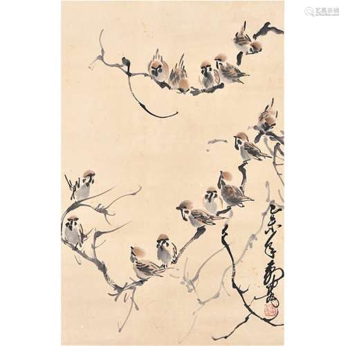 A Chinese sparrow Painting Scroll, Huang Zhou Mark