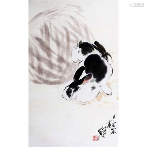 A Chinese Rabbits Painting, Liu Jiyou Mark