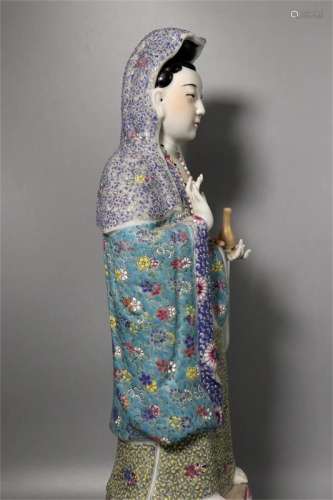 A Chinese Multi Colored Porcelain Guanyin Statue