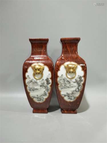 A Pair of Chinese Wooden Grain Glazed Porcelain Vase