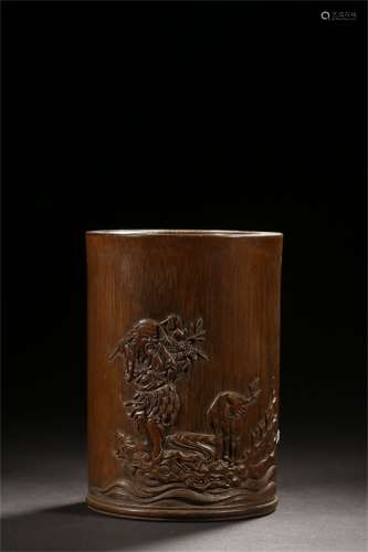 A Chinese Carved Bamboo Inscribed Brush Pot