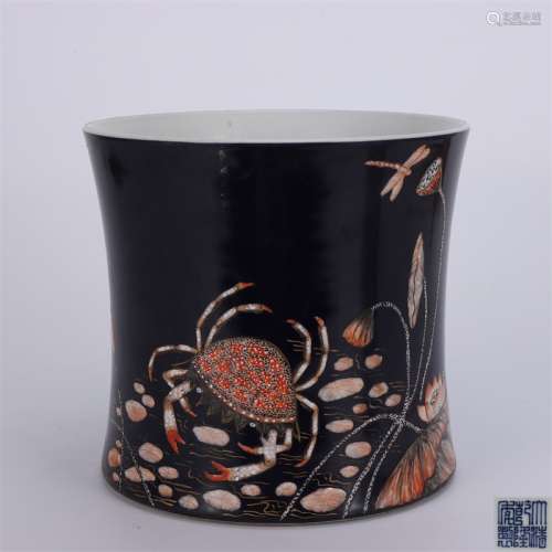 A Chinese Black Background Painted Porcelain Brush Pot