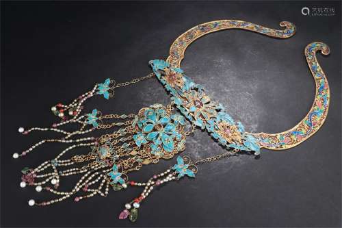 A Chinese Gilded Silver with Kingfisher craft Necklace
